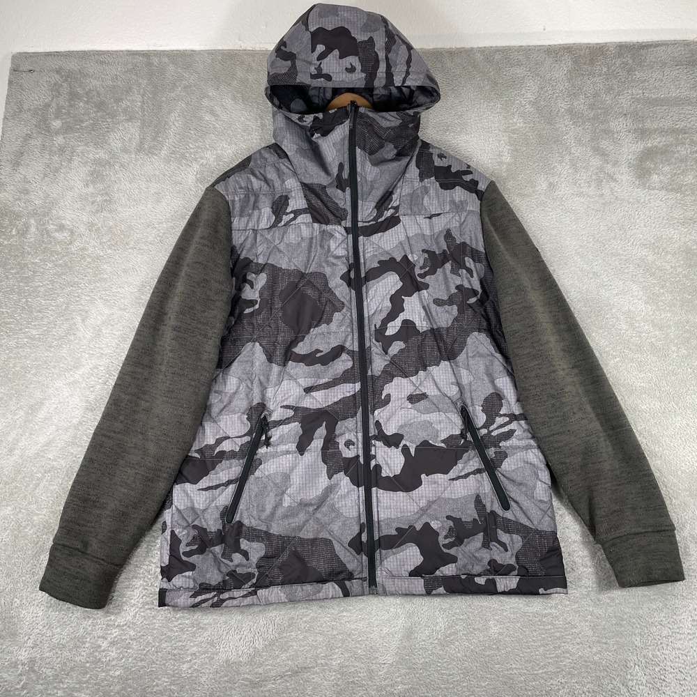 The North Face Camo Hoodie Jacket Mens Large Grey Quilted Puffer Full Zip Hooded